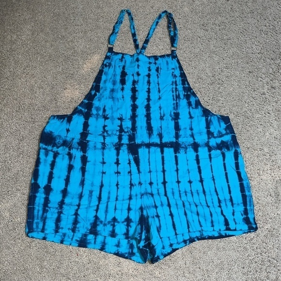 Torrid 3.5” Stretch Linen Blend Shortall Turquoise Tie Dye 3X - Picture 3 of 11